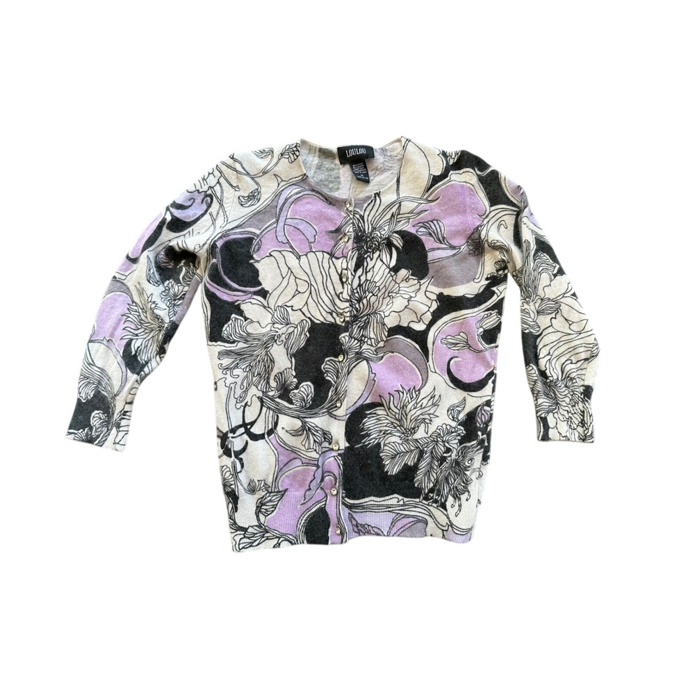 Loulou Purple Grey Floral Angora Blend Cardigan Rhinestone‎ Button Sweater W M